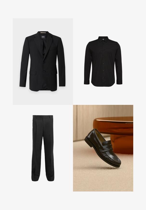 Blazer negro con solapas de muesca, diseño de un solo botón, dos botones y dos bolsillos frontales. Tejido suave y corte entallado.; Camisa negra de manga larga hecha de tela suave, con un cuello puntiagudo, cierre frontal con botones y un pequeño logo en el pecho.; Pantalones negros con un diseño de pierna recta, que presentan pliegues, un cierre de un solo botón y trabillas para cinturón. Fabricados con una tela suave.; Mocasín de cuero negro brillante con detalle de correa, colocado sobre una alfombra beige cerca de una mesa de café redonda marrón en una habitación con iluminación suave.