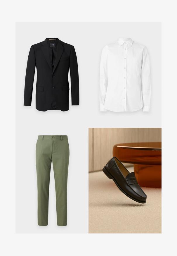 Sort blazer med spidse klapper, enknapsdesign, to knapper og to frontlommer. Glat stof og skræddersyet pasform.; Hvid langærmet skjorte med knapper, lavet af bomuld. Har en spids krave og et lille broderet logo på brystet. Glat tekstur.; Grønne bukser lavet af struktureret stof, med slim fit, lige ben og knaplukning foran. Velegnede til afslappet eller formelt brug.; Sort læder loafer-sko hængende over beige tæppe med ravfarvet moderne møblement i baggrunden.