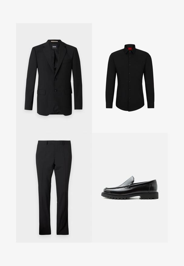Schwarzes Blazer mit Reverskragen, einreihigem Design, zwei Knöpfen und zwei frontalen Taschen. Glattes Gewebe und taillierte Passform.; Schwarzes Langarmhemd mit Knopfleiste, klassischem Kragen und abgerundetem Saum; verfügt über schwarze Knöpfe und ein rotes Logo im Kragen.; Schwarze maßgeschneiderte Hose mit Gürtelschlaufen, vorderer Bügelfalte und geradem Beinaufschnitt auf einem schlichten weißen Hintergrund.; Schwarzer Lederloafer mit grober Gummisohle, genähter Oberseite und geprägtem Markennamen an der Ferse, seitlich auf weißem Hintergrund gezeigt.