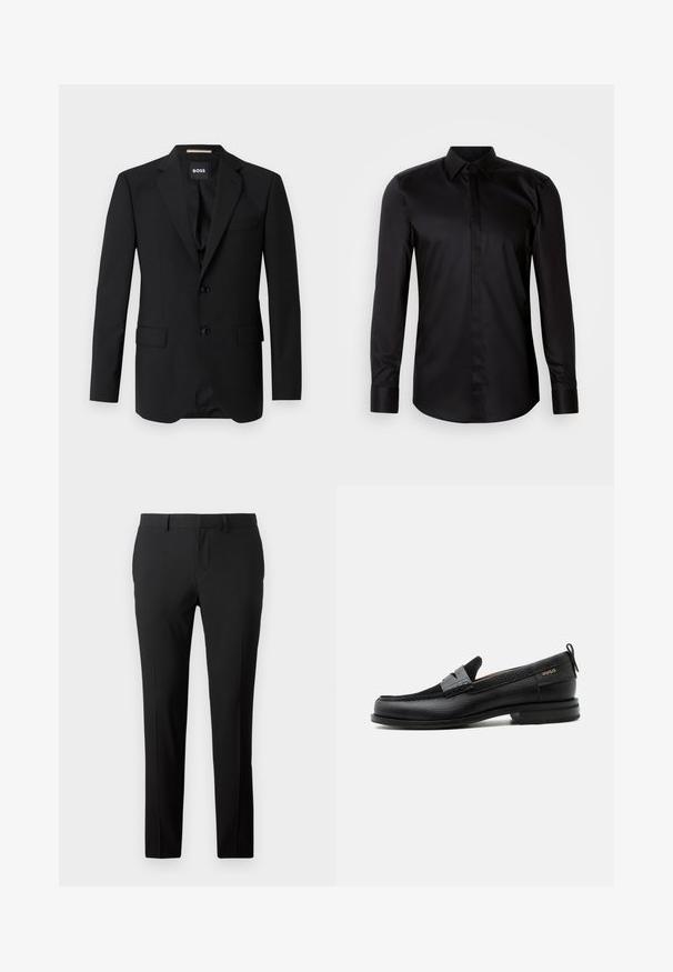 Blazer negro con solapas de muesca, diseño de un solo botón, dos botones y dos bolsillos frontales. Tejido suave y corte entallado.; Camisa negra de manga larga con botones, confeccionada en tela suave. Cuenta con cuello clásico, abotonadura frontal y puños de contraste.; Pantalones negros a medida en una tela suave. Presentan un diseño de pierna recta, pliegues frontales y trabillas para cinturón para un tamaño ajustable.; Mocasín de cuero negro con detalle de tira gris, tacón bajo y suela texturizada, con la marca "HUGO" en oro en el lateral.