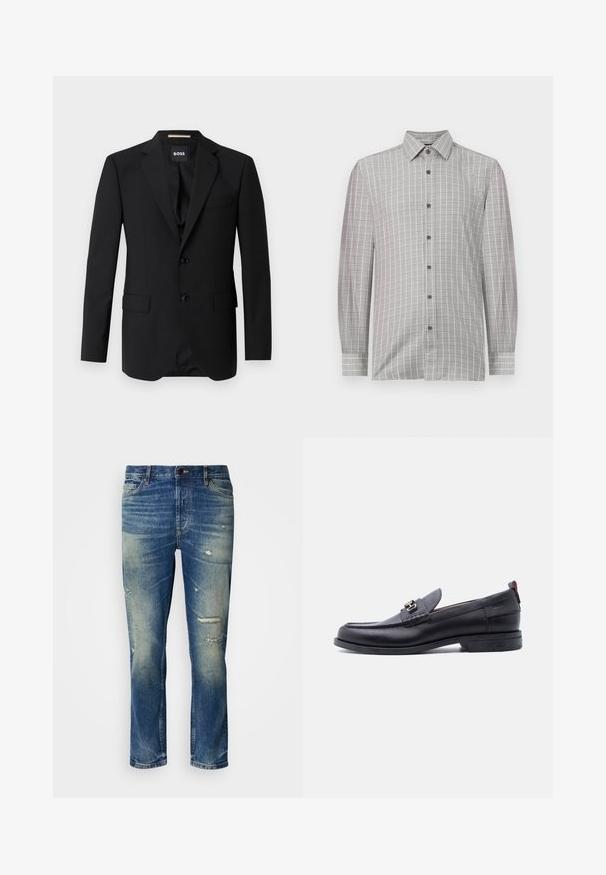 Blazer noir avec revers crantés, design à un bouton, deux boutons et deux poches avant. Tissu lisse et coupe ajustée.; Chemise à manches longues pour hommes en gris clair, présentant un motif à carreaux avec des accents foncés, un plastron boutonné et un col classique. Texture textile lisse.; Jean en denim bleu clair avec une coupe décontractée, présentant des détails déchirés, des patches décolorés et une fermeture classique à boutons et à zip.; Mocassin en cuir noir avec empeigne texturée grise, détail boucle en métal argenté, petit talon et languette à l'arrière.