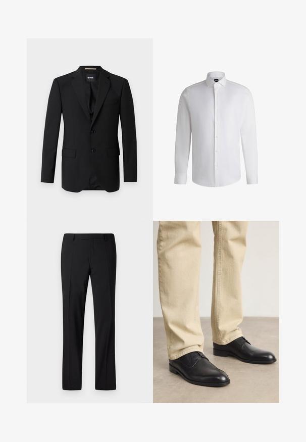 Schwarzes Blazer mit Reverskragen, einreihigem Design, zwei Knöpfen und zwei frontalen Taschen. Glattes Gewebe und taillierte Passform.; Weißes Langarmhemd aus glattem Baumwollstoff, mit klassischem Kragen, durchgehender Knopfleiste und geknöpften Manschetten. Minimalistisches Design.; Schwarze, maßgeschneiderte Hose mit geradem Bein, ausgestattet mit einer glatten Textur, gefaltetem Vorderteil und einem klassischen Bund für ein formelles Erscheinungsbild.; Schwarze Leder Schnürschuhe mit runder Zehenform, glatter Oberfläche und dezenten Nähdetails, getragen mit hellbeigen Hosen.