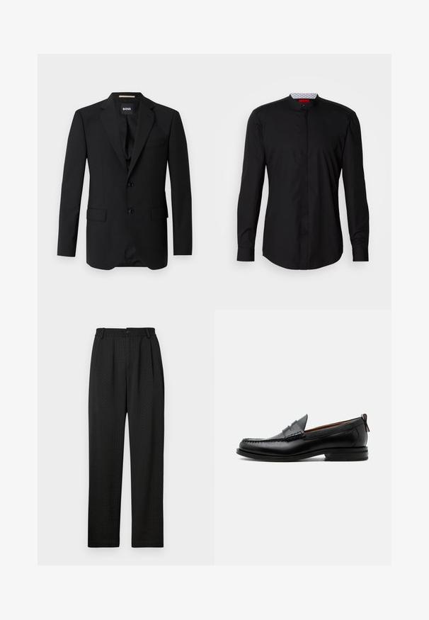 Blazer negro con solapas de muesca, diseño de un solo botón, dos botones y dos bolsillos frontales. Tejido suave y corte entallado.; Camisa negra de manga larga con cuello mandarín, confeccionada en una tela suave, con cierre de botones en la parte delantera y detalles de diseño sutiles.; Pantalones negros con un patrón texturizado, que presentan una cintura ancha con un botón y pliegues delanteros para un ajuste entallado. Diseño de pierna recta.; Mocasín de hombre de piel negra con costura moc toe, tira penny, cuello texturizado y tacón bajo apilado sobre fondo blanco.