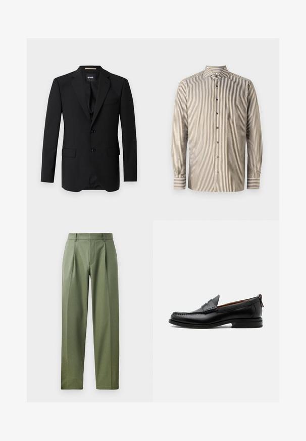 Schwarzes Blazer mit Reverskragen, einreihigem Design, zwei Knöpfen und zwei frontalen Taschen. Glattes Gewebe und taillierte Passform.; Gestreifte Hemdjacke in Braun und Weiß, lange Ärmel, klassischer Kragen, mit vertikalen Streifen und kontrastierenden Ärmelabschlüssen.; Maßgeschneiderte Hose aus olivgrünem Stoff mit glatter Textur, ausgestattet mit zwei vorderen Falten, Gürtelschlaufen und geradem Bein.; Schwarzer Leder-Herrenschuh mit Mokassinnaht, Penny-Riemen, strukturiertem Kragen und niedrigem gestapeltem Absatz auf weißem Hintergrund.
