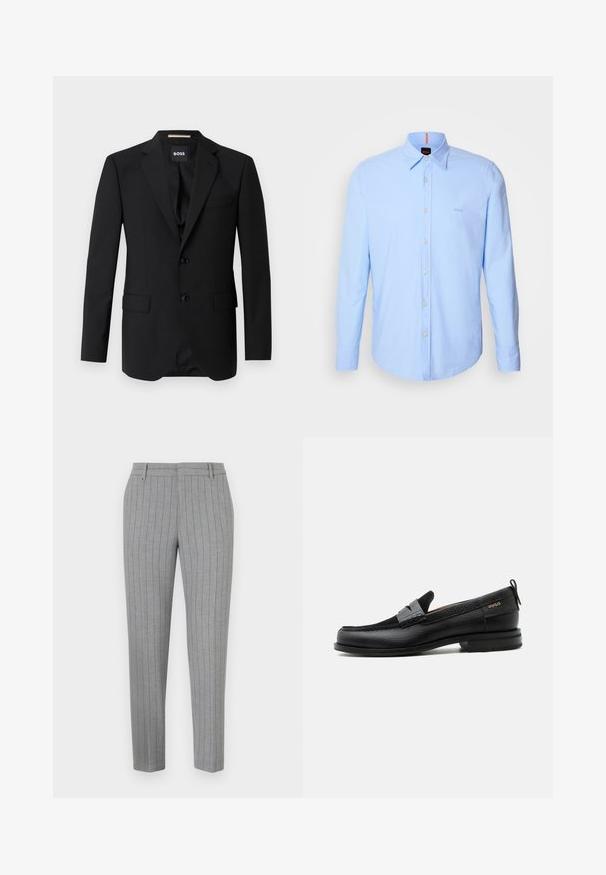 Blazer negro con solapas de muesca, diseño de un solo botón, dos botones y dos bolsillos frontales. Tejido suave y corte entallado.; Camisa de manga larga de color azul claro, fabricada en algodón, con cuello tipo button-down, cierre frontal de botones y bordado sutil de logotipo en el pecho.; Pantalones a rayas grises con un ajuste entallado, frente plano y bolsillos laterales. Fabricados con una tela suave y un brillo sutil.; Mocasín de cuero negro con detalle de tira gris, tacón bajo y suela texturizada, con la marca "HUGO" en oro en el lateral.
