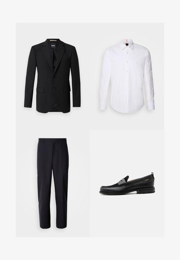 Blazer negro con solapas de muesca, diseño de un solo botón, dos botones y dos bolsillos frontales. Tejido suave y corte entallado.; Camisa blanca de manga larga y corte clásico, hecha de algodón, que presenta un cuello clásico, un logo sutil cerca del pecho y botones blancos.; Pantalones oscuros de navy, confeccionados en un tejido suave, con un diseño de pierna recta, dos bolsillos laterales y un cierre de botón en la cintura.; Mocasín de cuero negro con detalle de tira gris, tacón bajo y suela texturizada, con la marca "HUGO" en oro en el lateral.