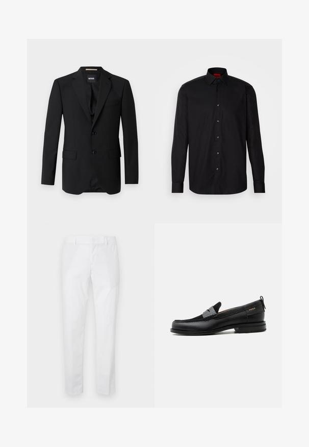 Schwarzes Blazer mit Reverskragen, einreihigem Design, zwei Knöpfen und zwei frontalen Taschen. Glattes Gewebe und taillierte Passform.; Schwarzes Langarmhemd aus glattem Stoff, mit klassischem Kragen, Knopfverschluss vorne und taillierter Passform.; Weiße Slim-Fit-Hose mit Gürtelschlaufen und Seitentaschen, flach auf hellem Hintergrund ausgelegt.; Schwarzer Lederloafer mit grauem Riemendetail, niedrigem Absatz und strukturierter Sohle, seitlich mit „HUGO“ in Gold gebrandmarkt.