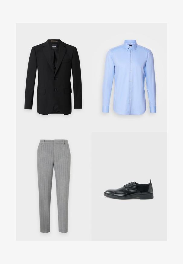 Schwarzes Blazer mit Reverskragen, einreihigem Design, zwei Knöpfen und zwei frontalen Taschen. Glattes Gewebe und taillierte Passform.; Himmelblaues langärmliges Hemd mit Knopfleiste, aus strukturiertem Stoff, mit spitzem Kragen und klassischem Knopfverschluss auf der Vorderseite.; Graue Nadelstreifenhose mit tailliertem Schnitt, flacher Front und Seitentaschen. Hergestellt aus einem glatten Stoff mit einem dezenten Glanz.; Glänzender schwarzer Lederschuh mit niedrigem Absatz, Schnürverschluss und runder Kappe, seitlich auf hellem, schlichten Hintergrund gezeigt.