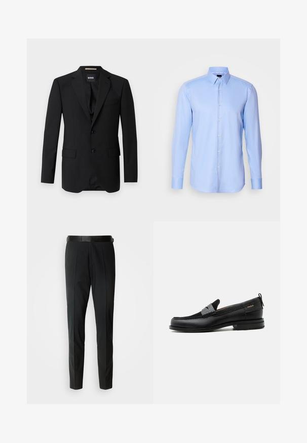 Blazer negro con solapas de muesca, diseño de un solo botón, dos botones y dos bolsillos frontales. Tejido suave y corte entallado.; Camisa de botones de manga larga color azul claro, hecha de tejido texturizado, con cuello puntiagudo y cierre de botones clásico en la parte delantera.; Pantalones negros ajustados con una textura suave, que cuentan con un frente plano, sutiles pliegues y un delgado cinturón negro.; Mocasín de cuero negro con detalle de tira gris, tacón bajo y suela texturizada, con la marca "HUGO" en oro en el lateral.