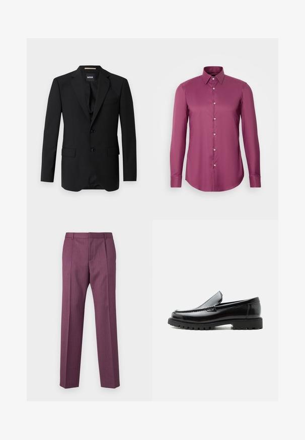 Zwart colbert met notched kleppen, enkelsluiting, twee knopen en twee voorzakken. Glad materiaal en op maat gemaakte pasvorm.; BOSS HANK KENT - Zakelijk overhemd - dark pink; Paarse, gestreepte broek met rechte pijpen, een getailleerd ontwerp en voorzakken. Gemaakt van lichtgewicht stof, met riemlussen en een krijtstreep aan de voorkant.; Zwarte leren loafer met dikke rubberen zool, gestikte bovenkant en gegraveerde merknaam op de hiel, zijaanzicht op witte achtergrond.