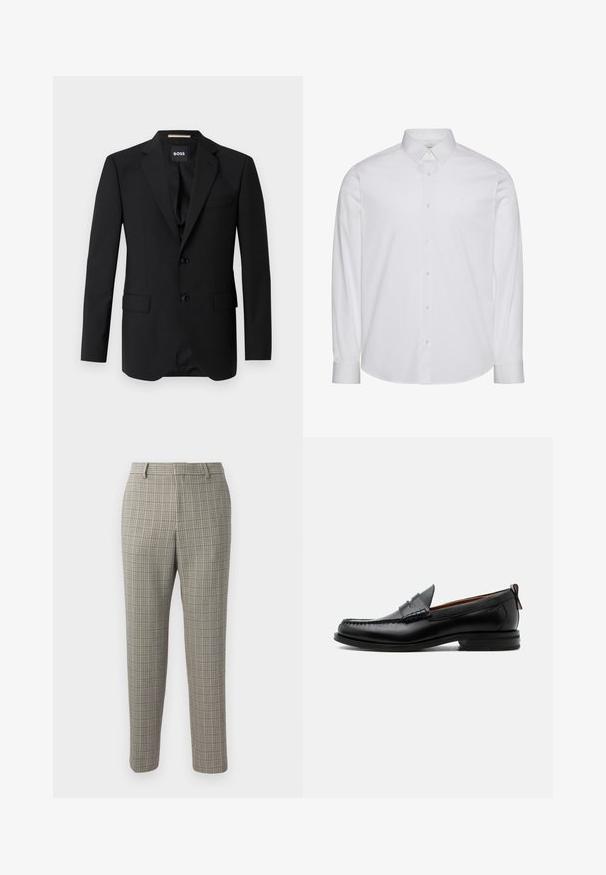 Schwarzes Blazer mit Reverskragen, einreihigem Design, zwei Knöpfen und zwei frontalen Taschen. Glattes Gewebe und taillierte Passform.; Weißes langärmliges Hemd aus Baumwolle mit Knöpfen. Verfügt über einen Standardkragen, eine vordere Knopfleiste und einen abgerundeten Saum. Dezentes Markenlogo.; Hose aus einem hellbeigen Stoff mit einem karierten Muster in Dunkelbraun und Marineblau, im geraden Schnitt und mit normalem Bund.; Schwarzer Leder-Herrenschuh mit Mokassinnaht, Penny-Riemen, strukturiertem Kragen und niedrigem gestapeltem Absatz auf weißem Hintergrund.