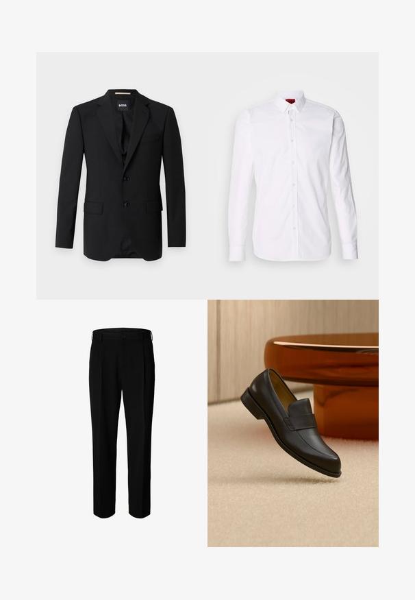 Čierny blazer s výstrihom do V, jednoradovým zapínaním, dvoma gombíkmi a dvoma prednými vreckami. Hladká tkanina a prispôsobený strih.; Biela košeľa s dlhým rukávom a gombíkmi, ktorá má klasický golier, predný priehľad so gombíkmi a hladkú bavlnenú textúru.; Čierne formálne nohavice s pútkami na opasok, predným gombíkom a zipsom, zobrazené na bielom pozadí.; Čierny kožený mokasín s nízkym podpätkom vznášajúci sa nad béžovým kobercom pri okrúhlom hnedom stole.