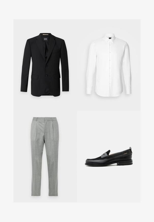 Blazer noir avec revers crantés, design à un bouton, deux boutons et deux poches avant. Tissu lisse et coupe ajustée.; Chemise blanche à manches longues, boutonnée sur le devant, col classique, fabriquée en tissu lisse avec une texture subtile, conçue pour une coupe ajustée.; Pantalons de costume gris clair avec plis avant, passants de ceinture et coupe droite sur fond blanc.; Mocassin en cuir noir avec détail de bride grise, talon bas et semelle texturée, marqué "HUGO" en or sur le côté.