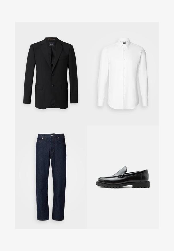 Zwart colbert met notched kleppen, enkelsluiting, twee knopen en twee voorzakken. Glad materiaal en op maat gemaakte pasvorm.; Witte blouse met lange mouwen, knoopsluiting aan de voorkant, klassieke kraag, gemaakt van gladde stof met een subtiele textuur, ontworpen voor een aansluitende pasvorm.; Donkerblauwe denim jeans met een rechte pijp, voorzien van vijf zakken, een knoopsluiting en subtiele stikselaccenten.; Zwarte leren loafer met dikke rubberen zool, gestikte bovenkant en gegraveerde merknaam op de hiel, zijaanzicht op witte achtergrond.