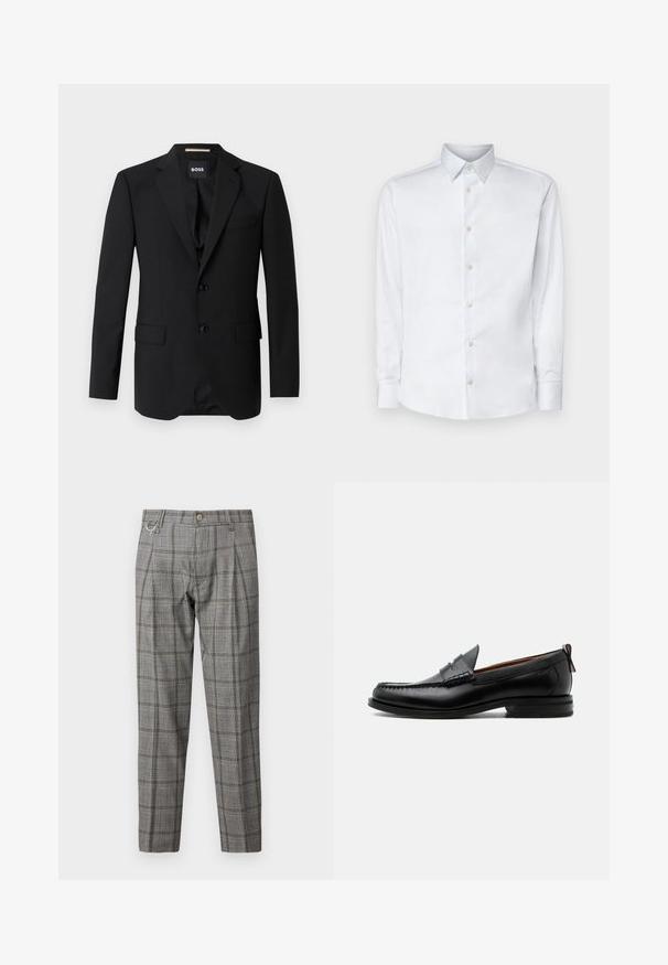 Blazer noir avec revers crantés, design à un bouton, deux boutons et deux poches avant. Tissu lisse et coupe ajustée.; Chemise blanche à manches longues en tissu lisse, dotée d'un col classique, d'une patte de boutonnage et de poignets avec boutons, présentée sur un fond uni.; Pantalons gris à carreaux avec une coupe ajustée, dotés d'une fermeture à bouton, de plis, de poches latérales et d'une boucle métallique décorative.; Mocassin homme en cuir noir avec couture moc toe, bride penny, col texturé et petit talon empilé sur fond blanc.