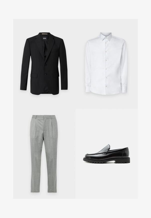 Sort blazer med spidse klapper, enknapsdesign, to knapper og to frontlommer. Glat stof og skræddersyet pasform.; Hvid langærmet skjorte lavet af glat stof, med en klassisk krave, knaplukning og manchetter med knapper, vist på en ensfarvet baggrund.; Lys grå skræddersyede dressbukser med frontfolder, bæltestropper og lige benmodul på en hvid baggrund.; Sort læderloafer med chunky gummisål, syet overdel og præget mærkenavn på hælen, vist i sideprofil på hvid baggrund.