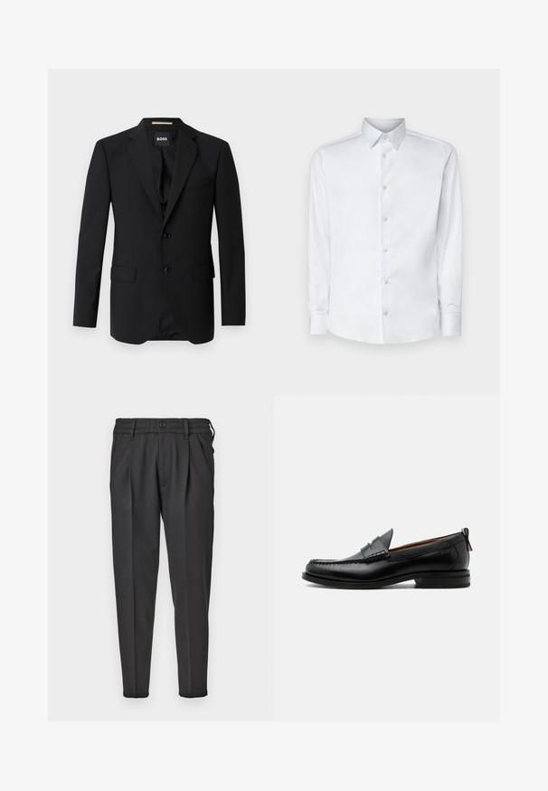 Zwart colbert met notched kleppen, enkelsluiting, twee knopen en twee voorzakken. Glad materiaal en op maat gemaakte pasvorm.; Witte lange mouw shirt gemaakt van gladde stof, met een klassieke kraag, knoopsluiting en manchetten met knopen, gepresenteerd tegen een effen achtergrond.; Zwarte broek van gladde stof, met een geplooide voorkant, elastische tailleband en rechte pijpen met een taps toelopende onderkant.; Zwarte leren herensloffen met moc toe stiksel, pennyriem, gestructureerde kraag en lage gestapelde hak op witte achtergrond.