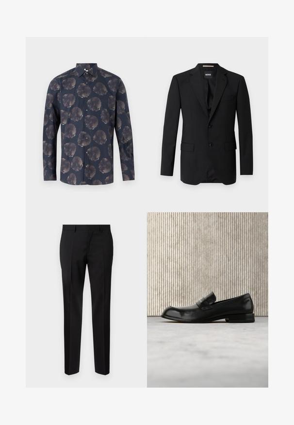 Blazer noir avec revers crantés, design à un bouton, deux boutons et deux poches avant. Tissu lisse et coupe ajustée.; Chemise à manches longues de couleur bleu marine foncé avec un motif floral comprenant de grandes fleurs atténuées. Fermeture à boutons à l'avant avec col classique et texture en tissu.; Pantalons noirs ajustés en tissu lisse, présentant une jambe droite, des détails de pli raffinés et une taille classique avec passants de ceinture.; Mocassin en cuir noir avec un accent métallique, présenté en lévitation au-dessus d'un tapis beige, avec une table ronde de couleur ambre en arrière-plan.
