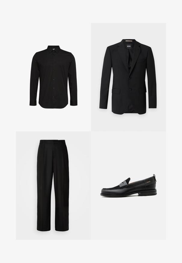 Blazer negro con solapas de muesca, diseño de un solo botón, dos botones y dos bolsillos frontales. Tejido suave y corte entallado.; Camisa negra de manga larga hecha de tela suave, con un cuello puntiagudo, cierre frontal con botones y un pequeño logo en el pecho.; Pantalones negros con corte recto, textura suave, pliegues frontales y cintura estándar. Diseño minimalista sin patrones adicionales.; Mocasín de cuero negro con detalle de tira gris, tacón bajo y suela texturizada, con la marca "HUGO" en oro en el lateral.