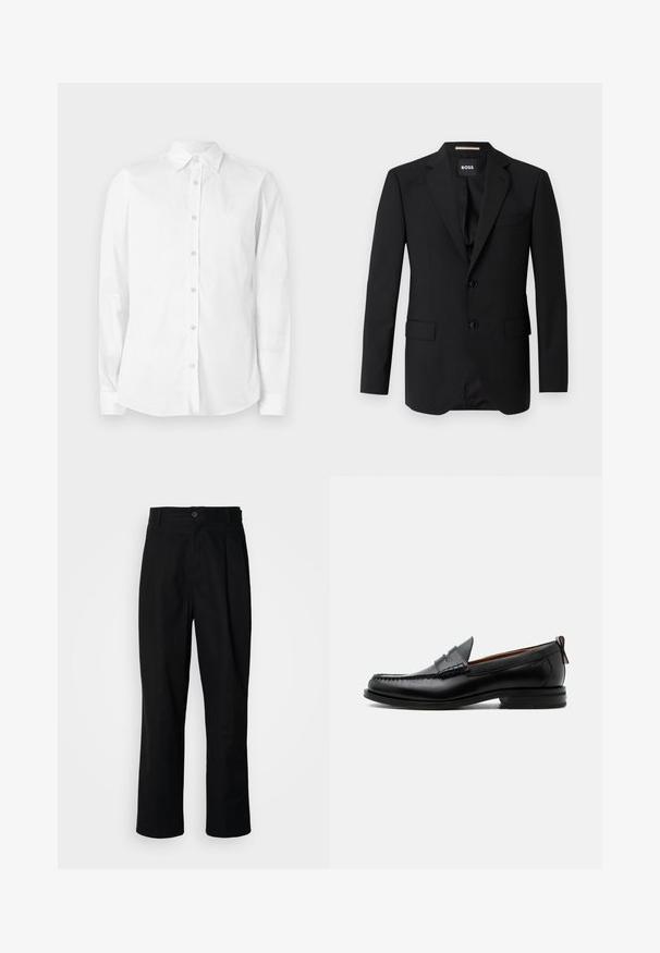 Sort blazer med spidse klapper, enknapsdesign, to knapper og to frontlommer. Glat stof og skræddersyet pasform.; Hvid langærmet skjorte med knapper, lavet af bomuld. Har en spids krave og et lille broderet logo på brystet. Glat tekstur.; Sorte lige ben bukser med en knaplukket talje, bæltestropper og en frontfold, præsenteret mod en ensfarvet hvid baggrund.; Sort læder herre loafer med moc-tå syning, penny strop, struktureret krave og lav stablet hæl på hvid baggrund.