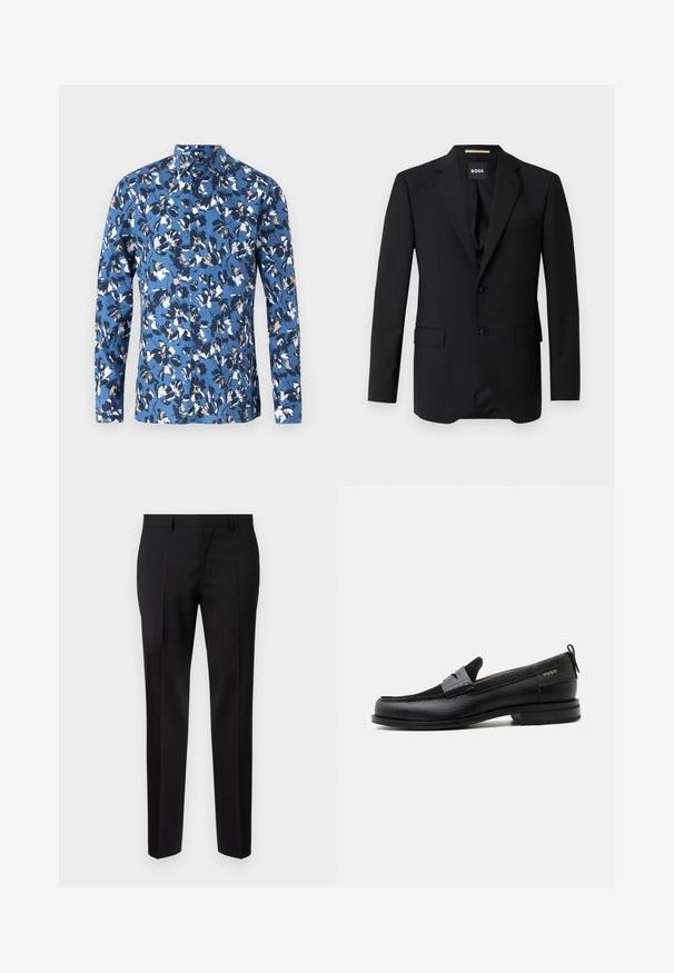 Sort blazer med spidse klapper, enknapsdesign, to knapper og to frontlommer. Glat stof og skræddersyet pasform.; Blå langærmet skjorte med knapper, der har et blomsterprint i hvide, marine- og brune nuancer. Fremstillet af blødt bomuldsstof med krave.; Sorte skræddersyede bukser lavet af glat stof, med lige ben, raffinerede folder og en klassisk talje med bæltestropper.; Sort læderloafer med grå remdetalje, lav hæl og tekstureret sål, mærket med "HUGO" i guld på siden.