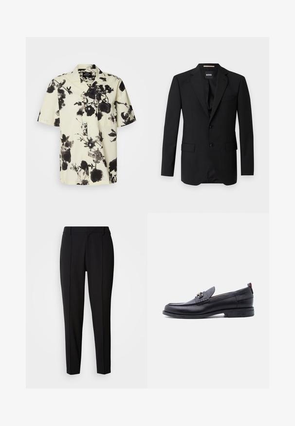 Blazer negro con solapas de muesca, diseño de un solo botón, dos botones y dos bolsillos frontales. Tejido suave y corte entallado.; Camisa de manga corta con base crema y patrones florales negros. Hecha de un tejido ligero, tiene un cierre de botones en la parte delantera y un bolsillo en el pecho.; Calvin Klein PULL ON - Pantalones - black; Mocasín de cuero negro con empeine gris texturizado, detalle de hebilla metálica plateada, tacón bajo y lengüeta para tirar en la parte trasera.