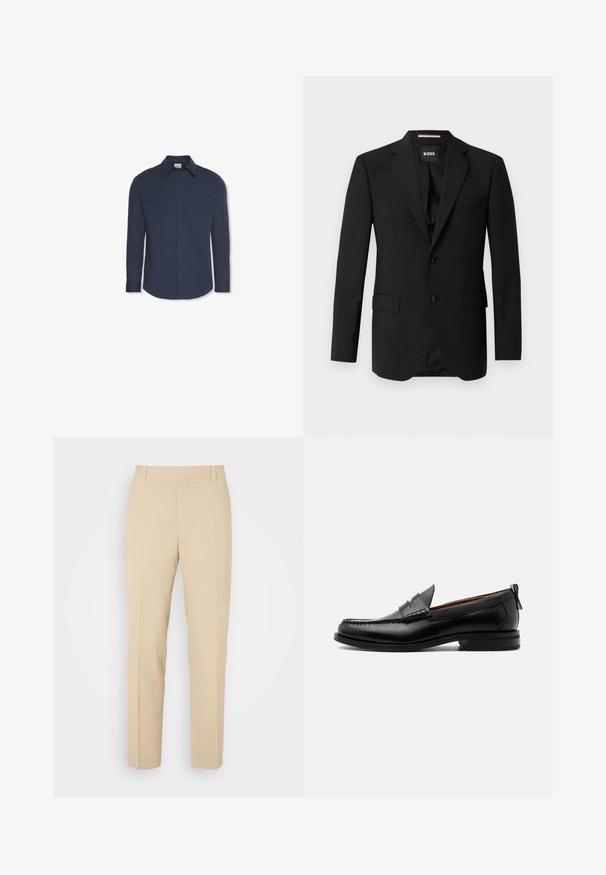 Zwart colbert met notched kleppen, enkelsluiting, twee knopen en twee voorzakken. Glad materiaal en op maat gemaakte pasvorm.; Navyblauw hemd met lange mouwen, knopen, kraag en manchetten, met een Calvin Klein-label aan de binnenkant van de kraag.; Beige op maat gemaakte broek met een recht gesneden ontwerp, gemaakt van lichtgewicht stof, met twee voorzakken en nette, geplooide vouwen.; Zwarte leren herensloffen met moc toe stiksel, pennyriem, gestructureerde kraag en lage gestapelde hak op witte achtergrond.