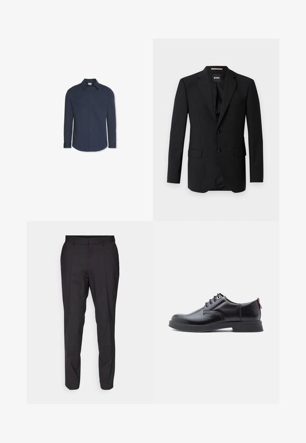 Blazer negro con solapas de muesca, diseño de un solo botón, dos botones y dos bolsillos frontales. Tejido suave y corte entallado.; Camisa azul marino de manga larga con botones, cuello y puños, con una etiqueta de Calvin Klein dentro del cuello.; Pantalones negros ajustados de corte recto, con un frente plano, pasadores para cinturón y una textura suave. Sin patrones ni acentos visibles.; Zapatos de piel negra con cordones, textura lisa, puntera redondeada y detalles sutiles de costura. Cuentan con una lengüeta roja en el talón.
