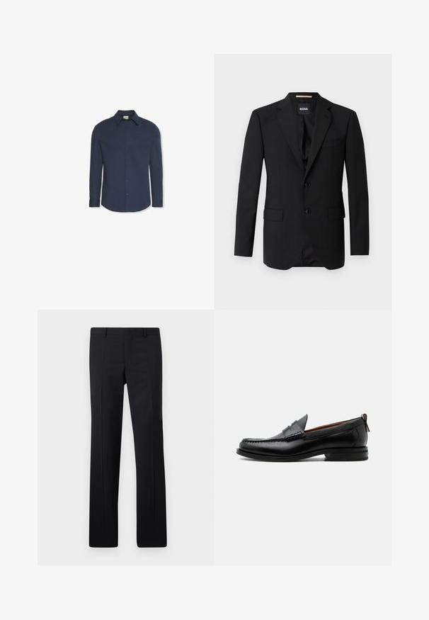 Zwart colbert met notched kleppen, enkelsluiting, twee knopen en twee voorzakken. Glad materiaal en op maat gemaakte pasvorm.; Navyblauw hemd met lange mouwen, knopen, kraag en manchetten, met een Calvin Klein-label aan de binnenkant van de kraag.; Zwarte op maat gemaakte pantalon met een recht model, scherpe plooien en een gladde afwerking. Gemaakt van lichtgewicht stof met een strakke tailleband.; Zwarte leren herensloffen met moc toe stiksel, pennyriem, gestructureerde kraag en lage gestapelde hak op witte achtergrond.
