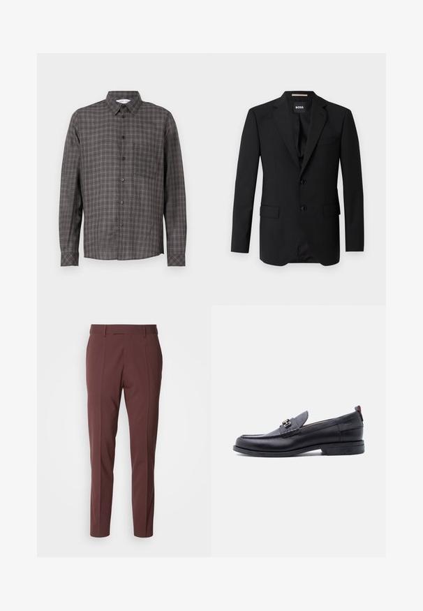 Schwarzes Blazer mit Reverskragen, einreihigem Design, zwei Knöpfen und zwei frontalen Taschen. Glattes Gewebe und taillierte Passform.; Langärmliges karierter Hemd in Dunkelgrau mit helleren Karomustern, Knopfverschluss und einer Brusttasche. Hergestellt aus leichtem Stoff.; BOSS GEORGE - Stoffhose - open red; Schwarzer Lederloafer mit grauem, strukturiertem Vorderblatt, silberner Metallschnalle, niedrigem Absatz und Zuglasche hinten.
