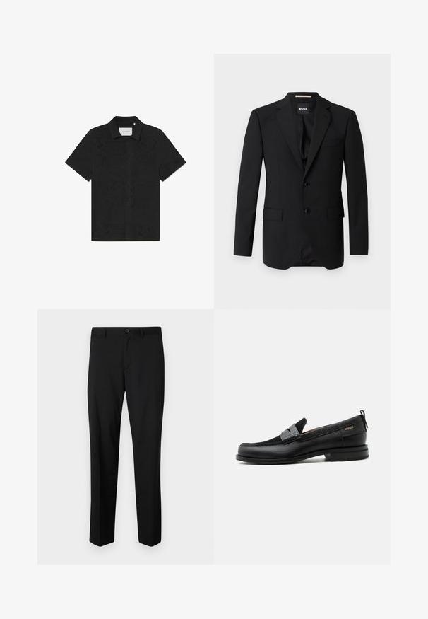 Schwarzes Blazer mit Reverskragen, einreihigem Design, zwei Knöpfen und zwei frontalen Taschen. Glattes Gewebe und taillierte Passform.; Schwarzes kurzärmliges Shirt aus atmungsaktiven Stoff mit kunstvollen Ausschnittmustern und einer geknöpften Front.; Schwarze maßgeschneiderte Hose mit flachem Frontschnitt, normaler Taille und geraden Beinen. Hergestellt aus glattem Material, mit einem einzelnen Knopfverschluss.; Schwarzer Lederloafer mit grauem Riemendetail, niedrigem Absatz und strukturierter Sohle, seitlich mit „HUGO“ in Gold gebrandmarkt.