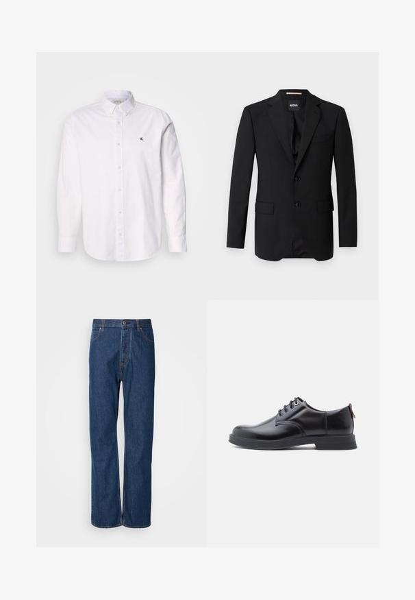 Blazer negro con solapas de muesca, diseño de un solo botón, dos botones y dos bolsillos frontales. Tejido suave y corte entallado.; Camisa blanca de algodón, con cuello clásico, mangas largas y un pequeño logo de CK en el lado izquierdo del pecho. Textura suave.; Jeans de denim azul con un diseño de pierna recta, que cuentan con una bragueta de botones, cinco bolsillos y costuras de contraste a lo largo de las costuras.; Zapatos de piel negra con cordones, textura lisa, puntera redondeada y detalles sutiles de costura. Cuentan con una lengüeta roja en el talón.