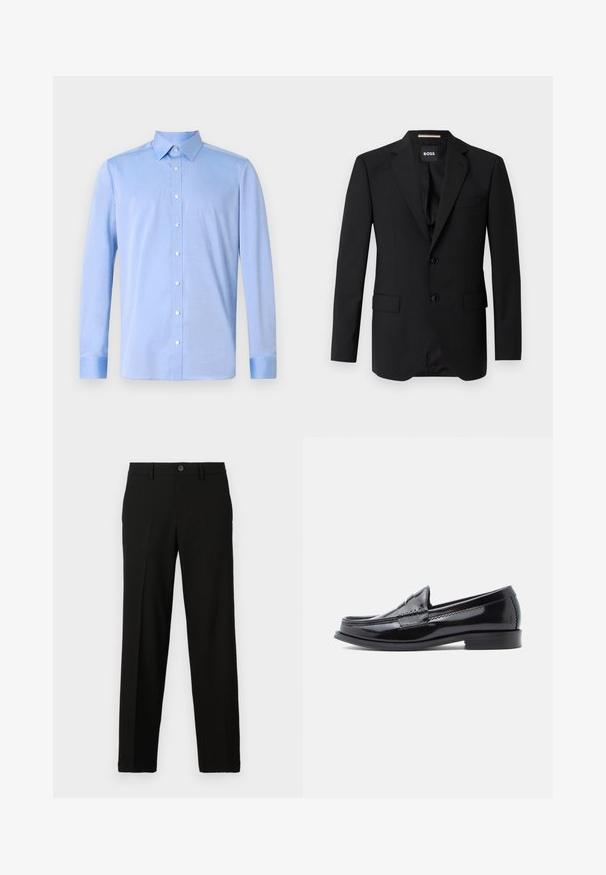 Sort blazer med spidse klapper, enknapsdesign, to knapper og to frontlommer. Glat stof og skræddersyet pasform.; Lyseblå skjorte med lange ærmer, klassisk krave og hvide knapper. Stof virker glat med en subtil tekstur.; Sorte bukser lavet af glat stof, med lige snit, knaplukning i taljen, og uden synlige mønstre eller accenter.; Sort laklæderloafer med rundet tå, syningdetaljer og lav, stablet hæl. Glat overflade med diskret glans.