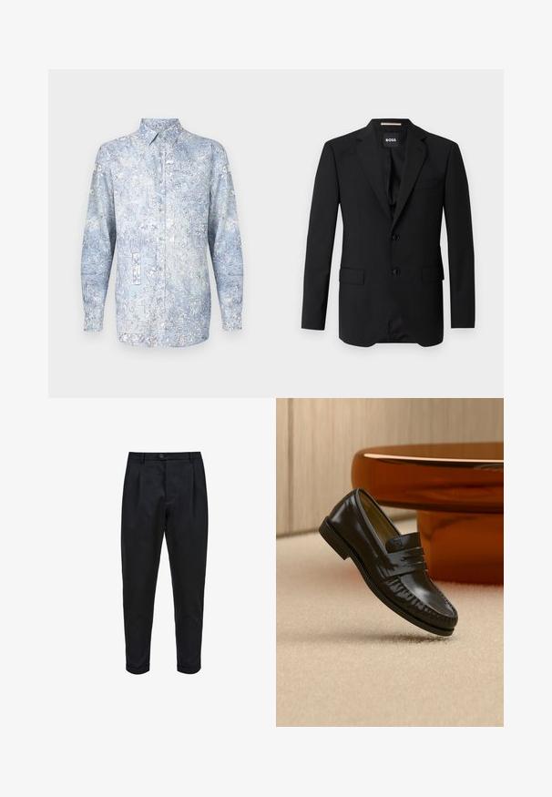 Blazer negro con solapas de muesca, diseño de un solo botón, dos botones y dos bolsillos frontales. Tejido suave y corte entallado.; Camisa azul claro con botones, con patrones florales, mangas largas y cuello clásico. Hecha de tela suave con una textura lisa.; Pantalones negros de tejido suave, con un frente plisado, ajuste tapered y puños enrollados. Cierre de botón sencillo en la cintura.; Mocasín de cuero negro brillante con detalle de correa, colocado sobre una alfombra beige cerca de una mesa de café redonda marrón en una habitación con iluminación suave.