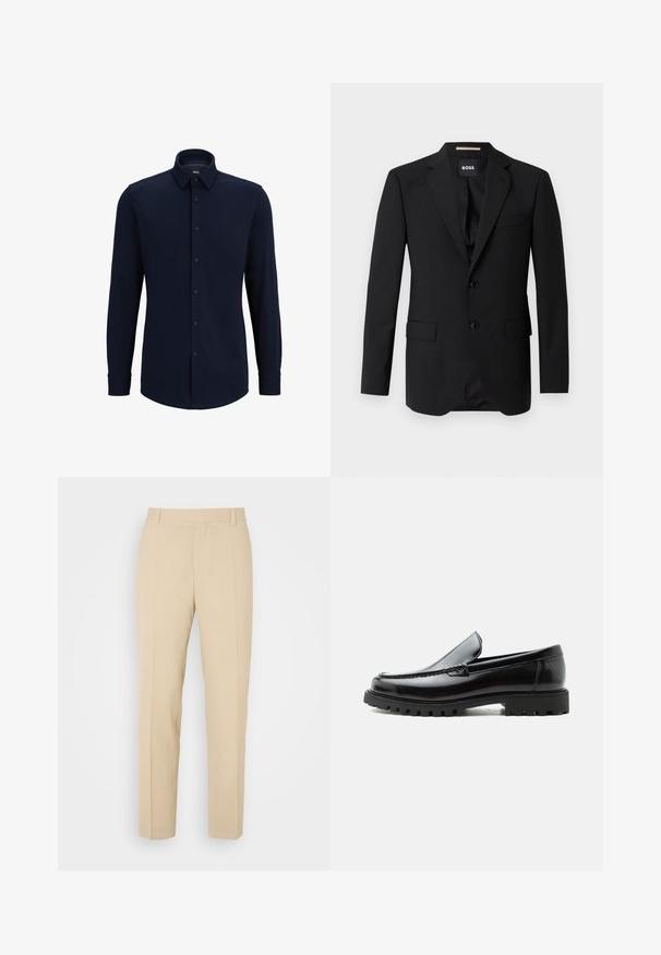 Schwarzes Blazer mit Reverskragen, einreihigem Design, zwei Knöpfen und zwei frontalen Taschen. Glattes Gewebe und taillierte Passform.; Marineblaue Langarmhemd aus gewebtem Stoff, mit klassischem Kragen, geradem Schnitt und vorderer Knopfverschluss.; Beige maßgeschneiderte Hosen mit geradem Bein, aus leichtem Stoff, mit zwei vorderen Taschen und ordentlich gebügelten Falten.; Schwarzer Lederloafer mit grober Gummisohle, genähter Oberseite und geprägtem Markennamen an der Ferse, seitlich auf weißem Hintergrund gezeigt.