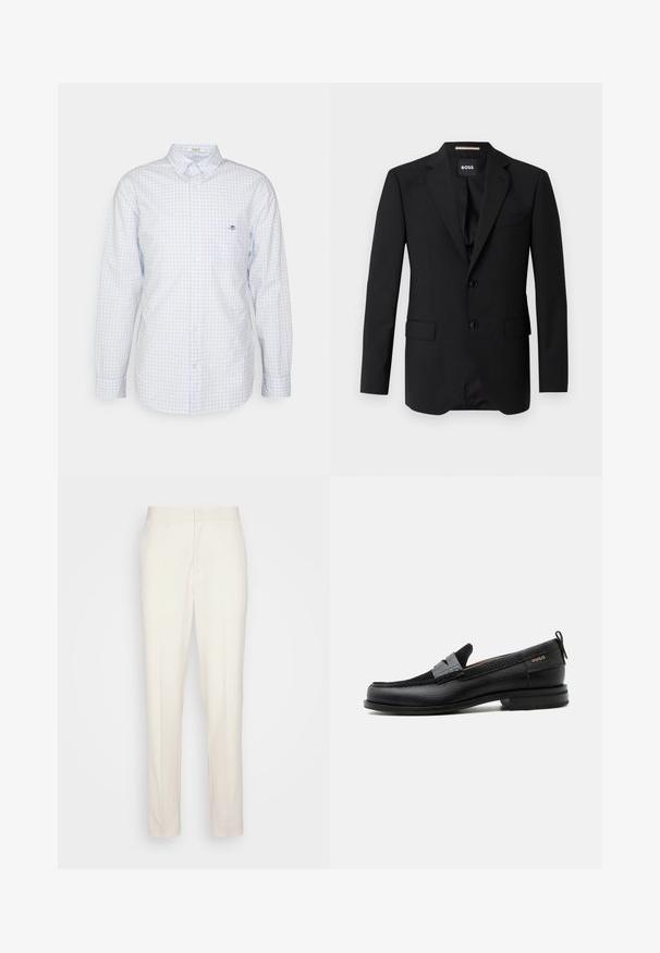 Blazer noir avec revers crantés, design à un bouton, deux boutons et deux poches avant. Tissu lisse et coupe ajustée.; Chemise à carreaux vichy bleu clair à boutons avec manches longues, col et petit logo sur la poitrine. Fabriquée en coton, avec une texture lisse.; Pantalons sur mesure de couleur crème avec une coupe droite, fabriqués en tissu texturé. Dotés de passants de ceinture et d'une fermeture à glissière à l'avant.; Mocassin en cuir noir avec détail de bride grise, talon bas et semelle texturée, marqué "HUGO" en or sur le côté.