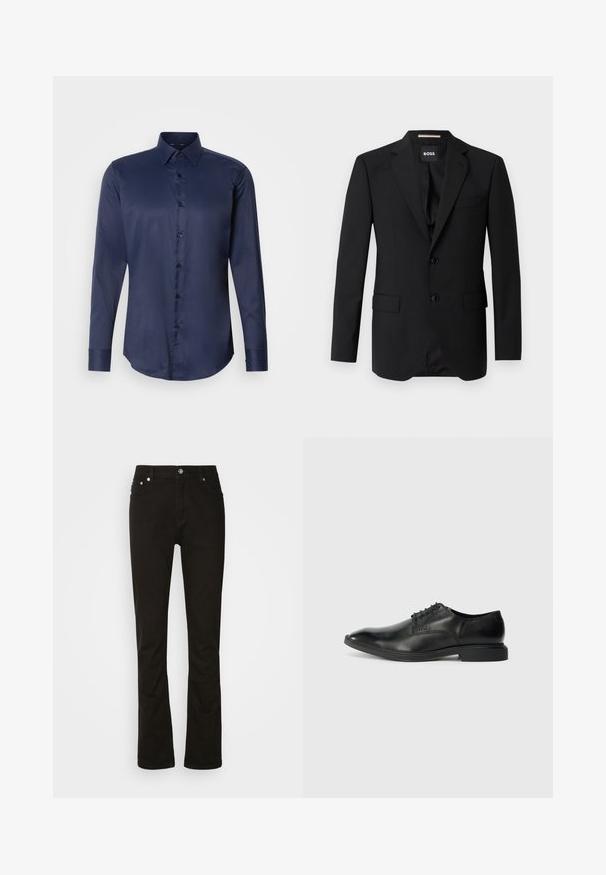 Blazer negro con solapas de muesca, diseño de un solo botón, dos botones y dos bolsillos frontales. Tejido suave y corte entallado.; Camisa de vestir de manga larga para hombre en azul marino, con cuello puntiagudo y cierre frontal de botones, presentada sobre un fondo blanco liso.; Jeans de denim negro con diseño de pierna recta, que cuentan con bolsillos frontales, una cremallera y acentos de hardware plateado. Textura suave, sin patrones.; Zapato de vestir negro de cuero con una textura suave, punta afilada, diseño de cordones con seis ojales y un tacón rectangular bajo. Detalle de marca sutil en el lateral.