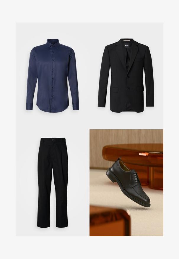 Blazer negro con solapas de muesca, diseño de un solo botón, dos botones y dos bolsillos frontales. Tejido suave y corte entallado.; Camisa de vestir de manga larga para hombre en azul marino, con cuello puntiagudo y cierre frontal de botones, presentada sobre un fondo blanco liso.; Pantalones rectos negros con cintura con botones, trabillas para cinturón y pliegue frontal, exhibidos sobre un fondo blanco liso.; Zapato de vestir negro de piel con cordones y parte delantera texturizada, flotando sobre una alfombra beige en una habitación moderna con muebles de tono ámbar.