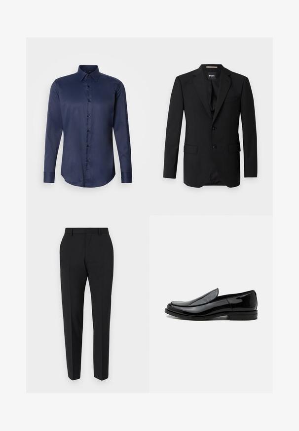 Schwarzes Blazer mit Reverskragen, einreihigem Design, zwei Knöpfen und zwei frontalen Taschen. Glattes Gewebe und taillierte Passform.; Marineblaues langärmliges Herrenhemd mit spitzem Kragen und vorderem Knopfverschluss, auf einem einfarbigen weißen Hintergrund präsentiert.; Schwarze Hose mit maßgeschneidertem Design, flacher Vorderseite, Faltendetails und schlanker Passform. Aus einem glatten Stoff für einen eleganten Look.; Schwarzer glänzender Lederslipper mit niedrigem Absatz und abgerundeter Spitze, seitlich auf weißem Hintergrund betrachtet.