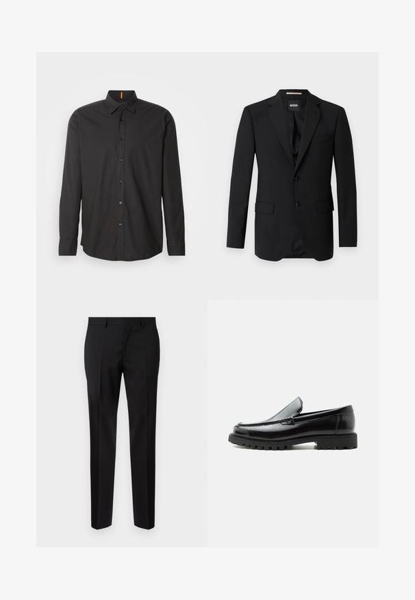 Blazer noir avec revers crantés, design à un bouton, deux boutons et deux poches avant. Tissu lisse et coupe ajustée.; Chemise noire à manches longues en tissu léger. Elle dispose d'un col boutonné, de boutons à l'avant et d'un logo brodé sur la poitrine.; Pantalons noirs ajustés en tissu lisse, présentant une jambe droite, des détails de pli raffinés et une taille classique avec passants de ceinture.; Mocassin en cuir noir avec semelle en caoutchouc épaisse, dessus cousu et nom de marque embossé sur le talon, présenté de profil sur fond blanc.
