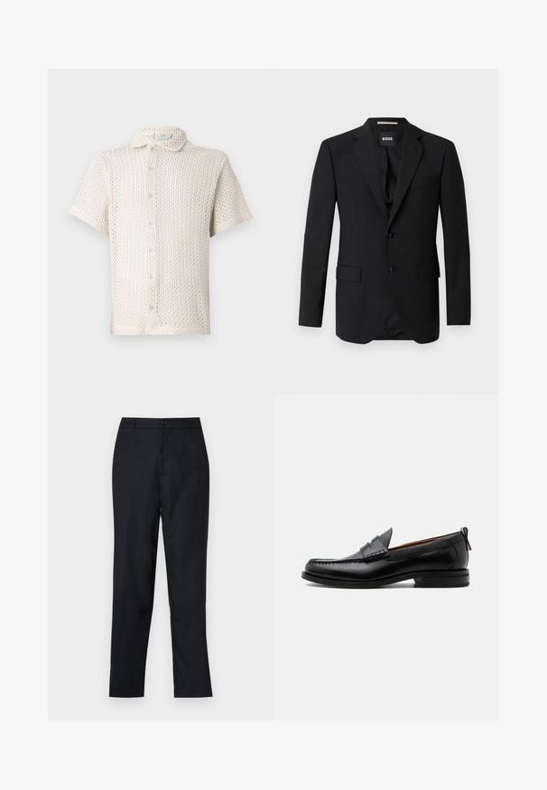 Sort blazer med spidse klapper, enknapsdesign, to knapper og to frontlommer. Glat stof og skræddersyet pasform.; Kortærmet, lysebeige skjorte med knapper lavet af tekstureret, åbent strikket stof med krave og fem knapper nedad. ; Marineblå bukser lavet af glat stof, med lige ben design, en enkelt knaplukning og subtile forfald i fronten.; Sort læder herre loafer med moc-tå syning, penny strop, struktureret krave og lav stablet hæl på hvid baggrund.