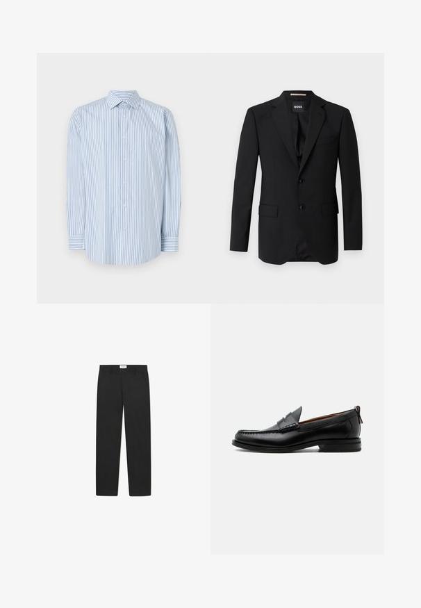 Schwarzes Blazer mit Reverskragen, einreihigem Design, zwei Knöpfen und zwei frontalen Taschen. Glattes Gewebe und taillierte Passform.; Langärmliges Hemd mit blau-weißen Streifen aus Baumwolle, mit klassischem Kragen, Knopfleiste und geknöpften Ärmeln.; Schwarze Hose mit geradem Bein, aus einem glatten Stoff gefertigt, mit zwei Fronttaschen und einem Standardbund.; Schwarzer Leder-Herrenschuh mit Mokassinnaht, Penny-Riemen, strukturiertem Kragen und niedrigem gestapeltem Absatz auf weißem Hintergrund.