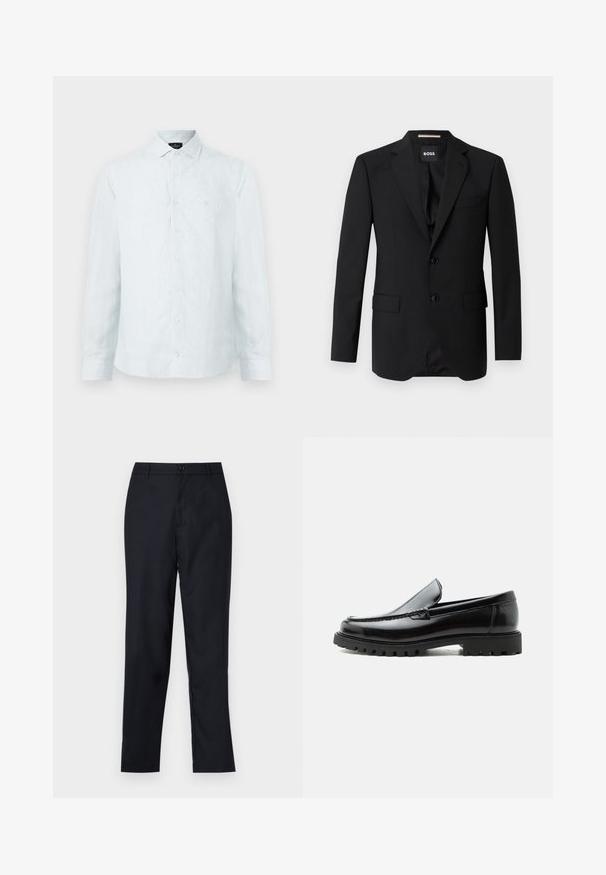 Blazer noir avec revers crantés, design à un bouton, deux boutons et deux poches avant. Tissu lisse et coupe ajustée.; Chemise à boutons pour homme en bleu clair avec des rayures verticales blanches, col classique, manches longues et logo subtil sur la poitrine.; Pantalon bleu marin en tissu lisse, avec un design à jambe droite, une fermeture à bouton unique et de légères plis avant.; Mocassin en cuir noir avec semelle en caoutchouc épaisse, dessus cousu et nom de marque embossé sur le talon, présenté de profil sur fond blanc.