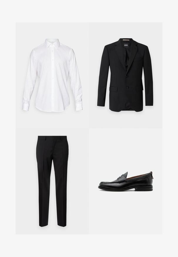 Sort blazer med spidse klapper, enknapsdesign, to knapper og to frontlommer. Glat stof og skræddersyet pasform.; Hvid langærmet skjorte med knaplukning, klassisk krave, glat stof og frontplacket med lette, rundede knapper.; Sorte skræddersyede bukser lavet af glat stof, med lige ben, raffinerede folder og en klassisk talje med bæltestropper.; Sort læder herre loafer med moc-tå syning, penny strop, struktureret krave og lav stablet hæl på hvid baggrund.