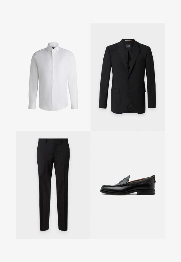 Sort blazer med spidse klapper, enknapsdesign, to knapper og to frontlommer. Glat stof og skræddersyet pasform.; Hvid langærmet skjorte lavet af glat bomuld, med klassisk krave, fuld knaplukning og knapmanchetter. Minimalistisk design.; Sorte skræddersyede bukser lavet af glat stof, med lige ben, raffinerede folder og en klassisk talje med bæltestropper.; Sort læder herre loafer med moc-tå syning, penny strop, struktureret krave og lav stablet hæl på hvid baggrund.