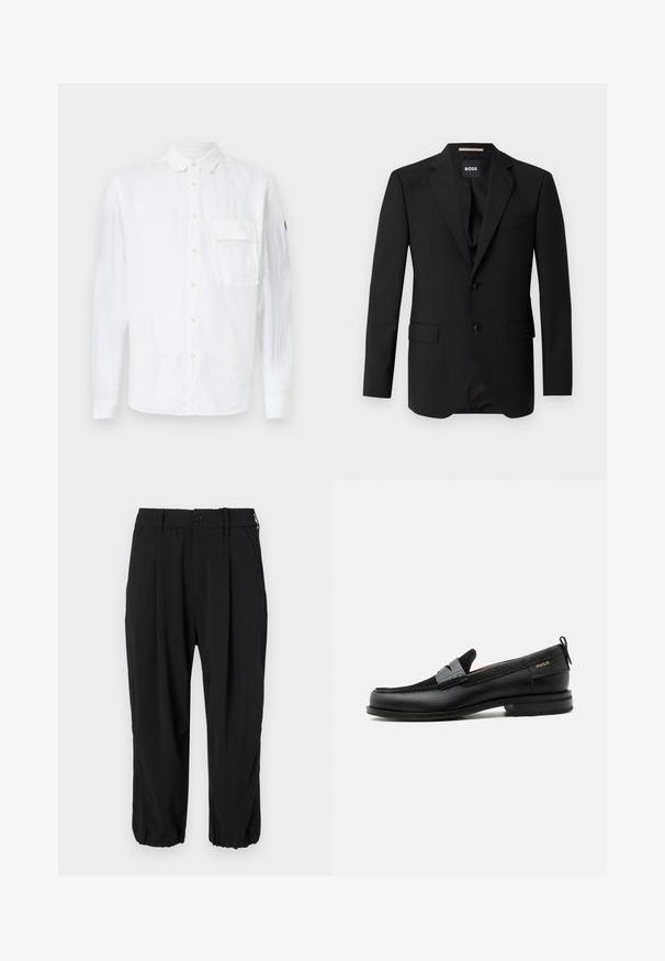 Blazer noir avec revers crantés, design à un bouton, deux boutons et deux poches avant. Tissu lisse et coupe ajustée.; Chemise blanche en lin à manches longues avec un devant boutoné, un col pointu, une poche poitrine simple et un logo sur la manche. Texture douce.; Pantalons noirs raccourcis avec une taille élastique à bouton, poches latérales et une coupe relaxée avec des poignets aux chevilles.; Mocassin en cuir noir avec détail de bride grise, talon bas et semelle texturée, marqué "HUGO" en or sur le côté.