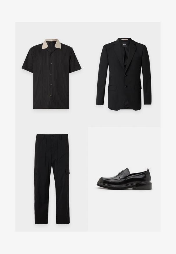 Blazer noir avec revers crantés, design à un bouton, deux boutons et deux poches avant. Tissu lisse et coupe ajustée.; Chemise à manches courtes noire avec des rayures verticales, dotée d'un col beige et de boutons sur le devant. Fabriquée en tissu léger avec une texture lisse.; Pantalons cargo noirs en tissu léger, avec une coupe droite, des pliures avant, des poches latérales et une fermeture à bouton.; Calvin Klein MOCCASIN - Mocassins de ville - black