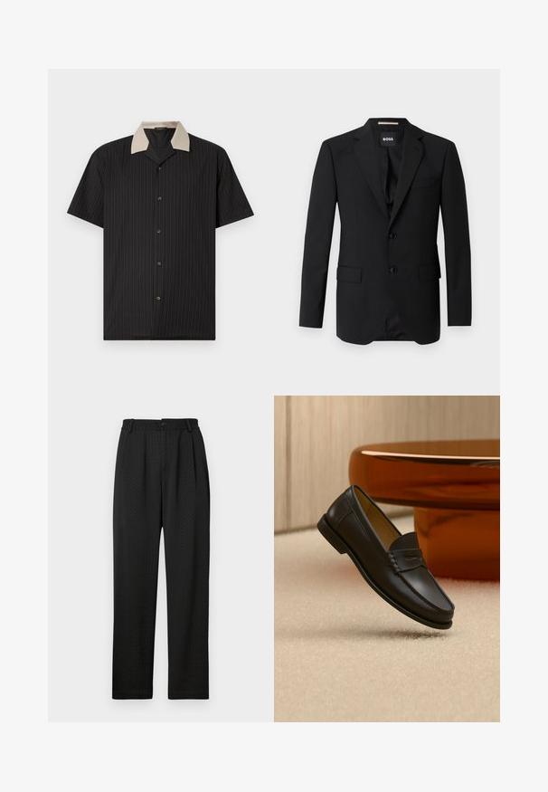 Schwarzes Blazer mit Reverskragen, einreihigem Design, zwei Knöpfen und zwei frontalen Taschen. Glattes Gewebe und taillierte Passform.; Kurzarmhemd in Schwarz mit vertikalen Streifen, ausgestattet mit einem beigen Kragen und Frontknöpfen. Hergestellt aus leichtem Stoff mit glatter Textur.; Schwarze Hose mit strukturiertem Muster, ausgestattet mit einem breiten Taillenbund mit einem Knopf und Vorderfalten für eine maßgeschneiderte Passform. Gerade Beinform.; Schwarzer Leder-Loafer, der über einem hellbeigen Teppich schwebt, mit bernsteinfarbenen modernen Möbeln im Hintergrund.