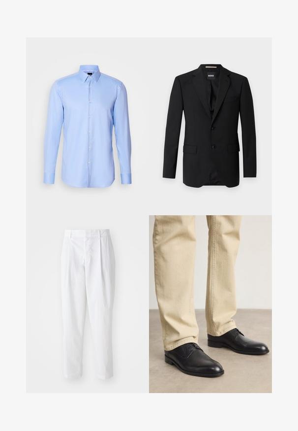 Blazer noir avec revers crantés, design à un bouton, deux boutons et deux poches avant. Tissu lisse et coupe ajustée.; Chemise à manches longues bleu clair, boutonnée, en tissu texturé avec un col pointu et une fermeture classique à boutons à l'avant.; Pantalons plissés blancs à taille haute et longueur cropped, avec une texture lisse et des lignes épurées. Pas de matériel visible ni de motifs.; Chaussures noires en cuir à lacets avec un bout arrondi, finition lisse et détails de couture subtils, portées avec un pantalon beige clair.