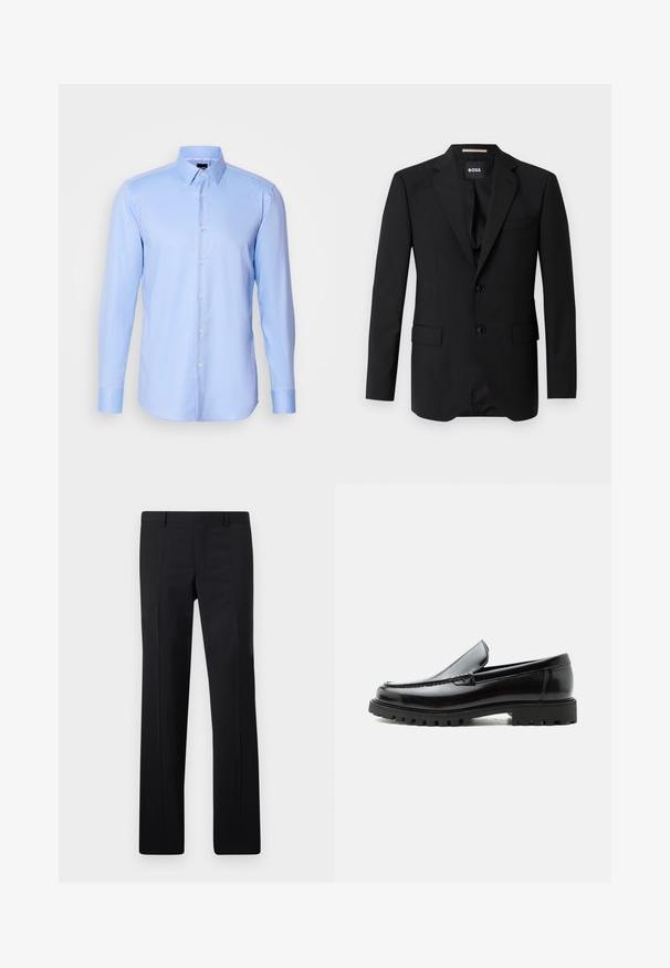 Sort blazer med spidse klapper, enknapsdesign, to knapper og to frontlommer. Glat stof og skræddersyet pasform.; Lyseblå langærmet skjorte med knaplukning lavet af tekstureret stof, med spidse krave og klassisk knaplukning foran.; Sorte skræddersyede bukser med et lige ben design, skarpe folder og en glat overflade. Fremstillet af letvægtsstof med en ren talje.; Sort læderloafer med chunky gummisål, syet overdel og præget mærkenavn på hælen, vist i sideprofil på hvid baggrund.